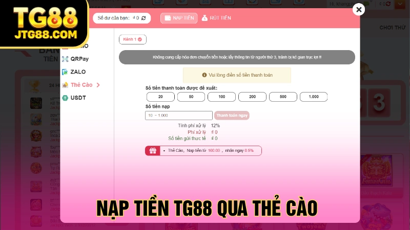 nạp tiền tg88 thẻ cào